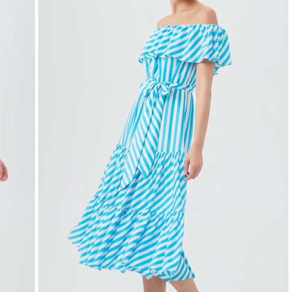 Trina Turk Salima 2 A Line Striped Off Shoulder Tiered Midi Dress NWT size M